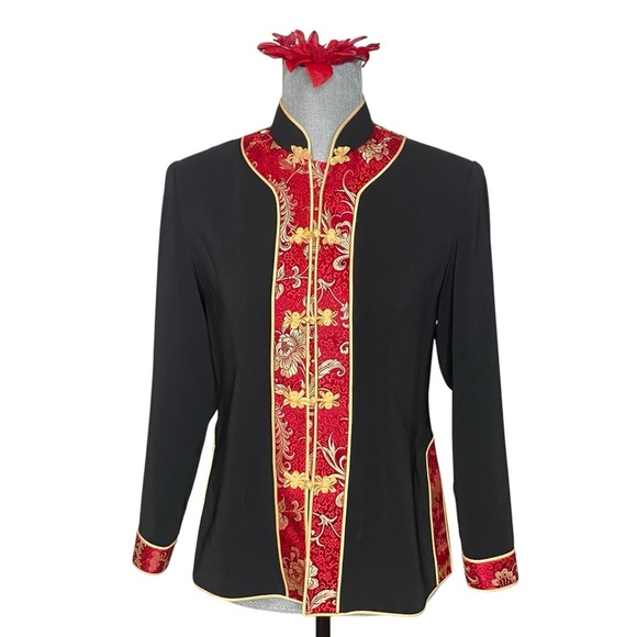 TAILOR MADE CHINESE BLACK JACKET WITH RED AND GOLD BROCADE - Picture 1 of 10